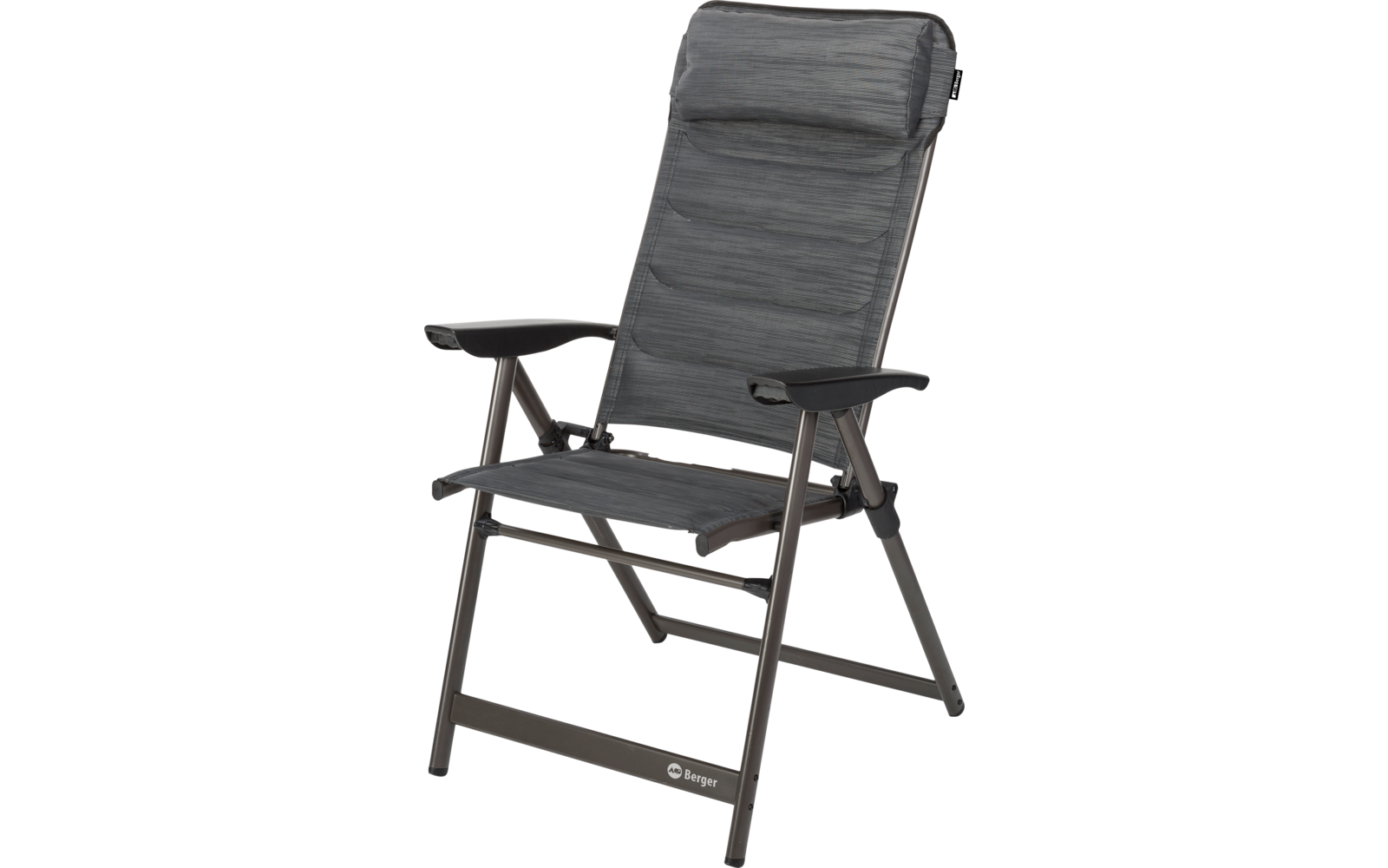 Chaise pliante grise avec appui-tête, accoudoirs et structure métallique