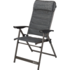 Chaise pliante grise avec appui-tête, accoudoirs et structure métallique