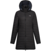Cappotto lungo trapuntato nero con cappuccio e cerniera frontale integrale, piccolo logo sul lato sinistro del petto