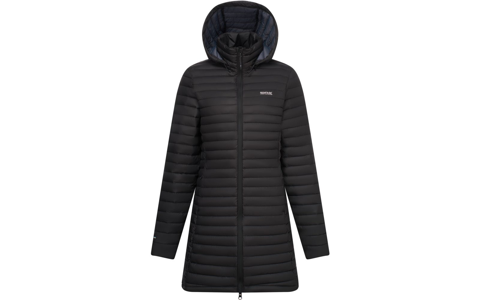 Cappotto lungo trapuntato nero con cappuccio e cerniera frontale integrale, piccolo logo sul lato sinistro del petto