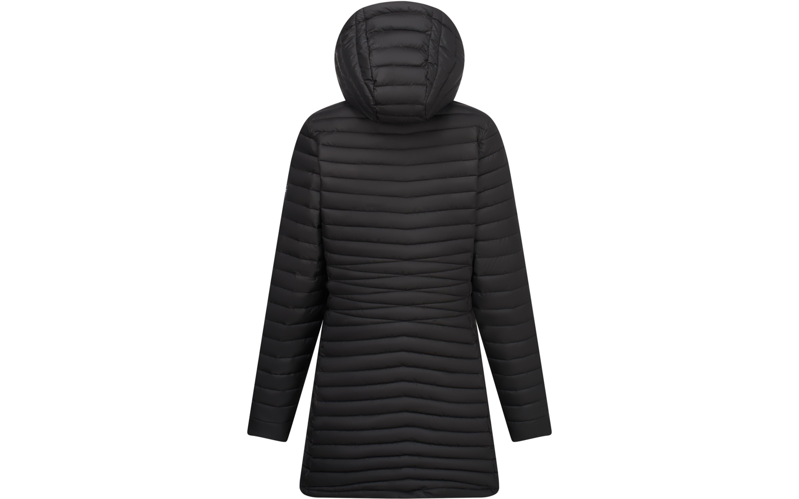 Vista posteriore di un cappotto trapuntato nero, lunghezza fino ai fianchi, con cappuccio e maniche lunghe, cuciture orizzontali