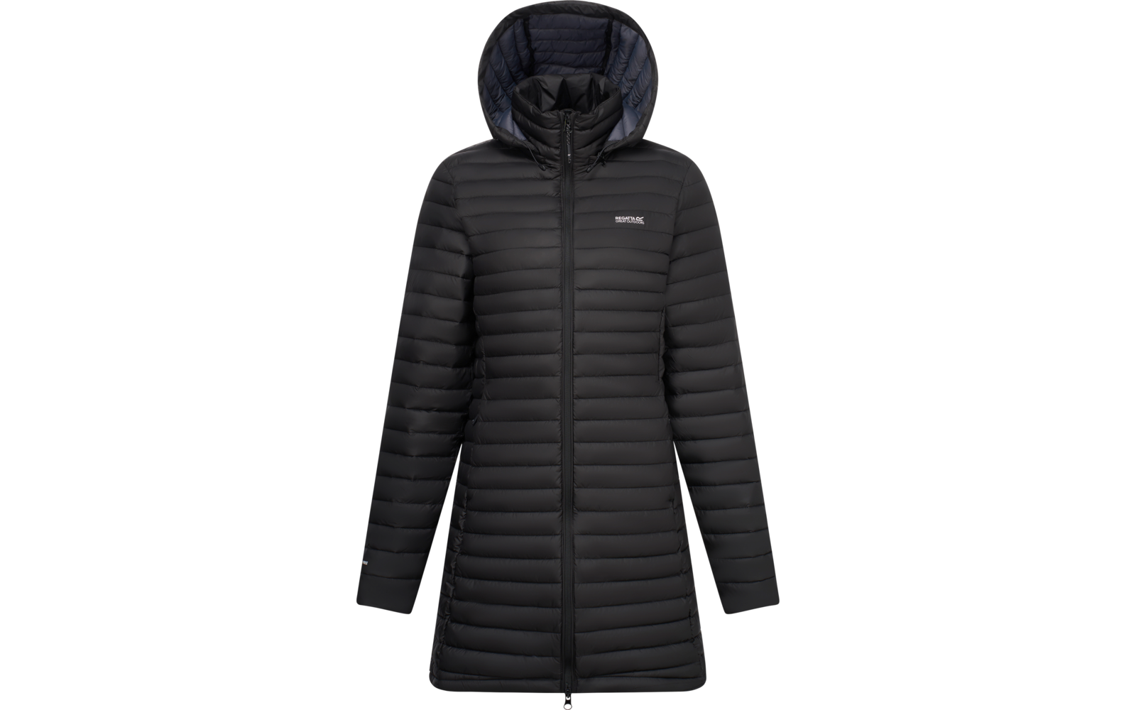 Schwarze gesteppte Jacke mit Kapuze, durchgehendem Reißverschluss und kleinem Logo auf der linken Brust