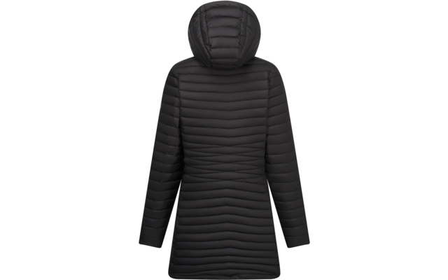 Vista posteriore di un cappotto trapuntato nero, lunghezza fino ai fianchi, con cappuccio e maniche lunghe, cuciture orizzontali