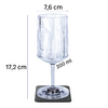 Wine glass with 200 ml capacity, measuring 7.6 cm width and 17.2 cm height, placed on a black coaster
