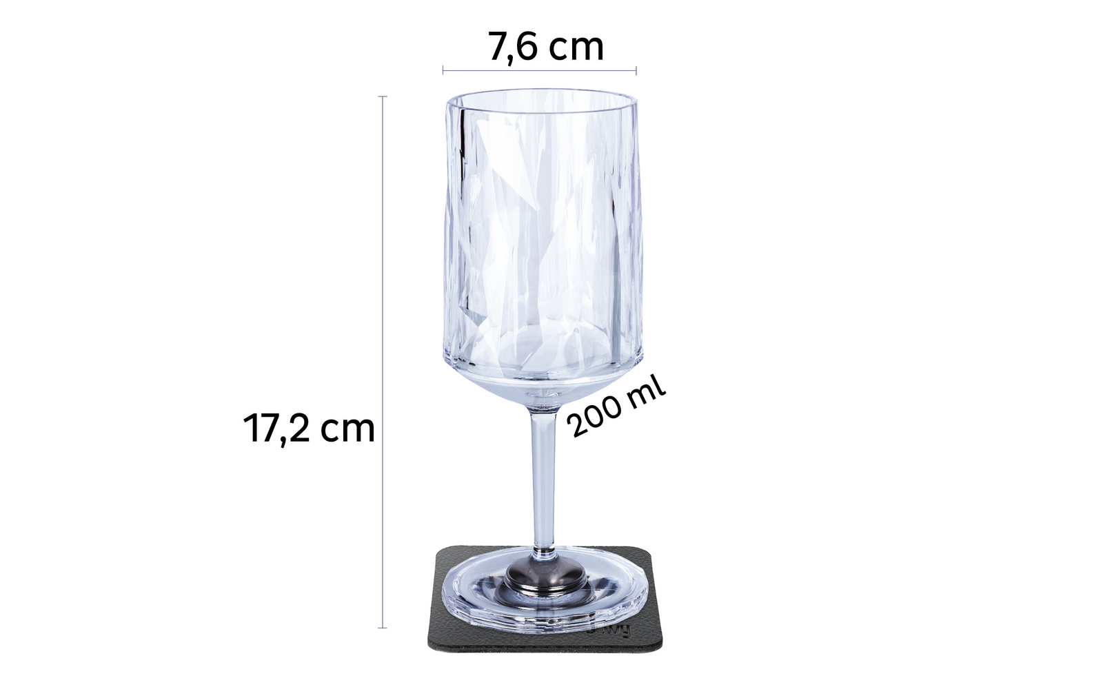 Wine glass with 200 ml capacity, measuring 7.6 cm width and 17.2 cm height, placed on a black coaster