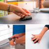 Three images show hands cleaning different surfaces with sponges