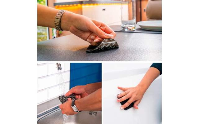 Three images show hands cleaning different surfaces with sponges
