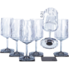 Six transparent glass wine glasses, five standing upright, one lying upside down on the others