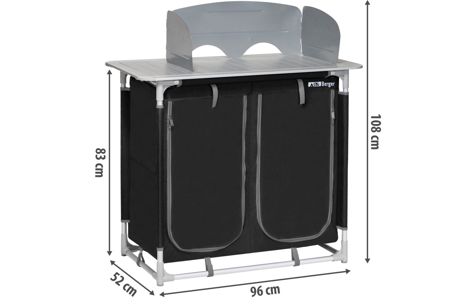 Klappbarer Camping-Waschbeckenständer mit zwei schwarzen Taschen darunter und grauer Ablage mit Armlehnen, Maße angezeigt