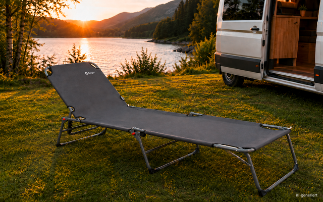 Cama de camping plegable sobre césped junto a la orilla de un lago, una furgoneta camper con la puerta abierta y montañas al fondo con el sol bajo en el horizonte