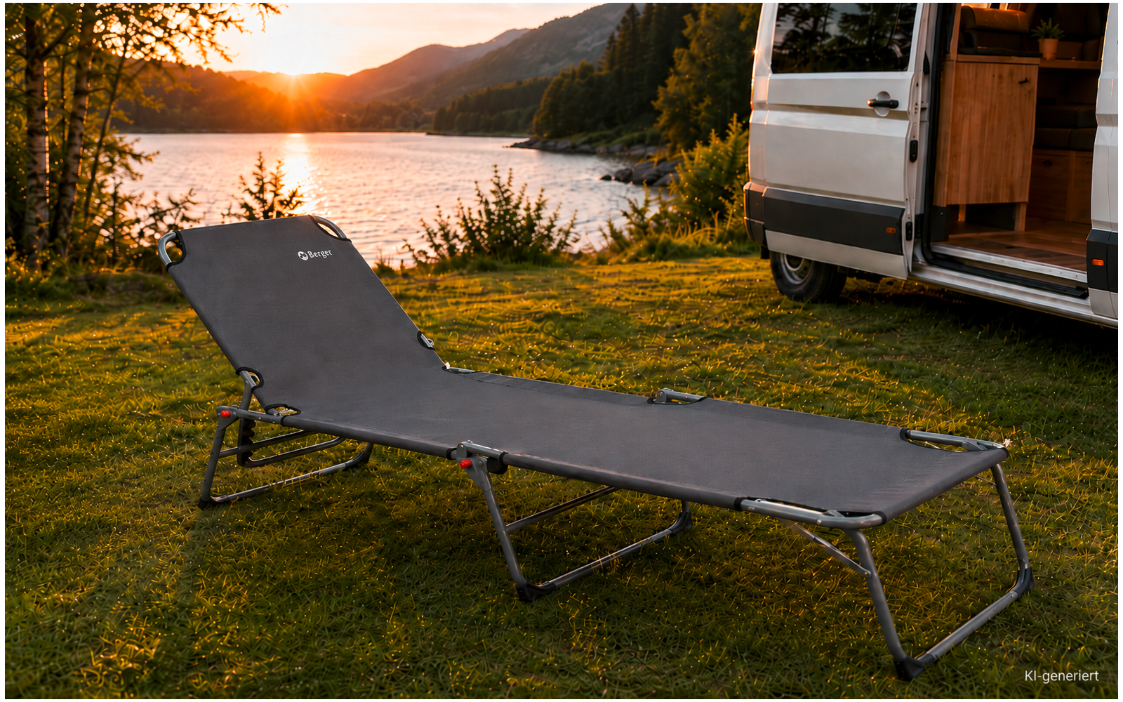 Cama de camping plegable sobre césped junto a la orilla de un lago, una furgoneta camper con la puerta abierta y montañas al fondo con el sol bajo en el horizonte