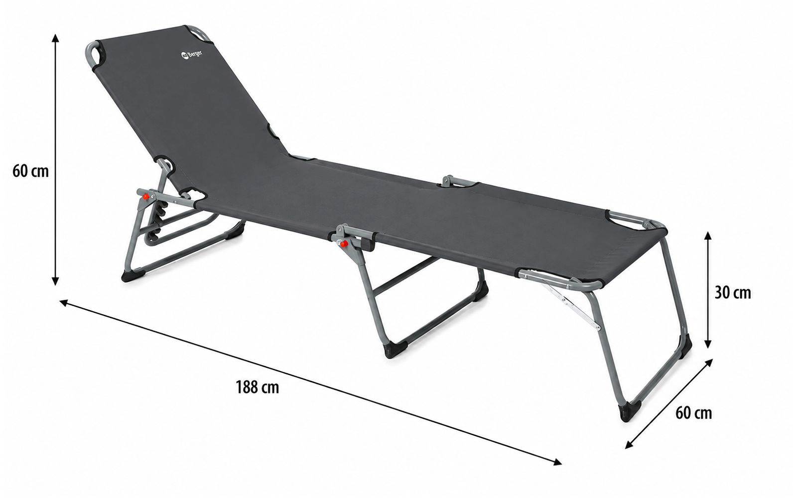 Tumbona plegable gris oscuro con armazón metálico y respaldo elevado; flechas muestran las medidas: 188 cm largo, 60 cm ancho, 30 cm alto