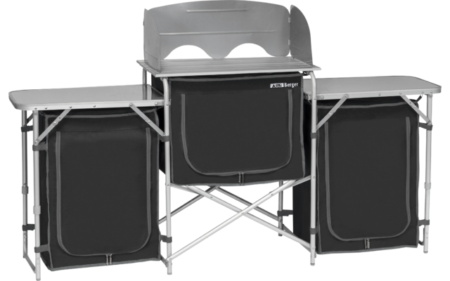 Station de cuisine de camping avec trois compartiments et panneaux latéraux pliables