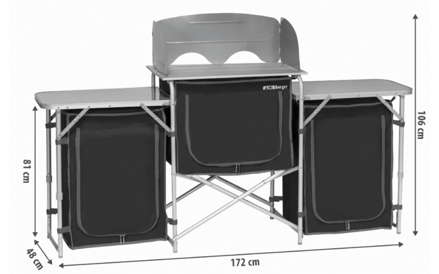 Camping-Küchenstation mit drei Fächern und klappbaren Seitenflächen
