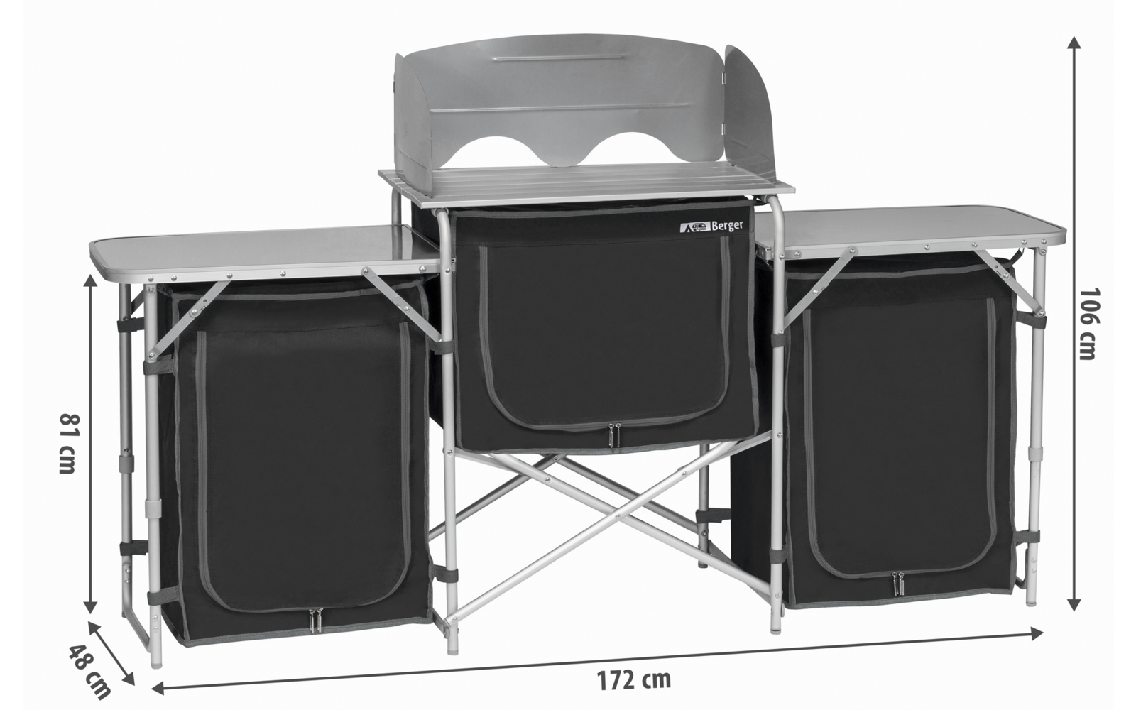 Camping-Küchenstation mit drei Fächern und klappbaren Seitenflächen