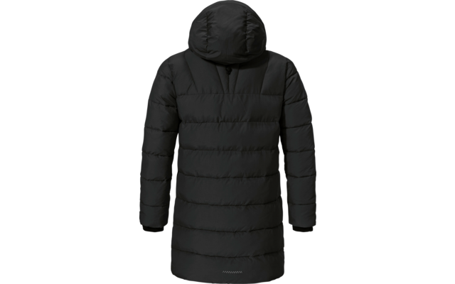 Manteau d'hiver long noir avec capuche, vu de dos
