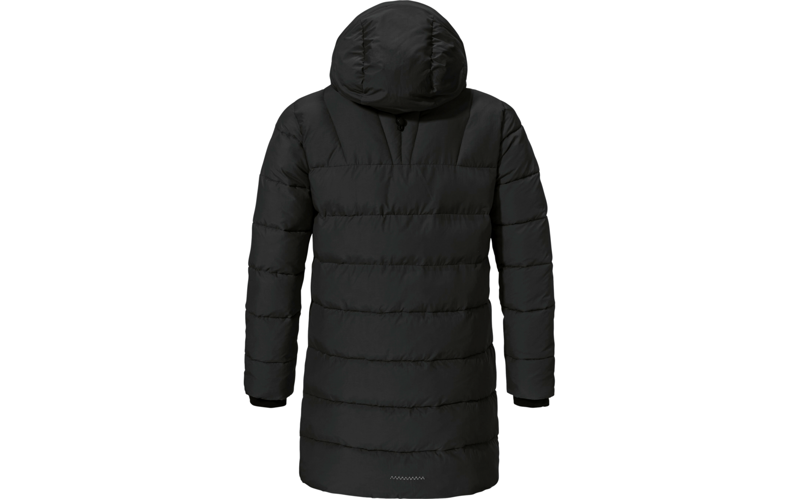 Manteau d'hiver long noir avec capuche, vu de dos