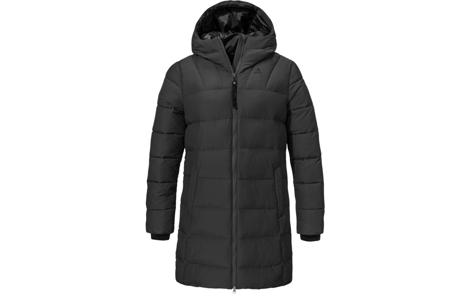 Schwarzer Wintermantel mit Kapuze und langen Ärmeln