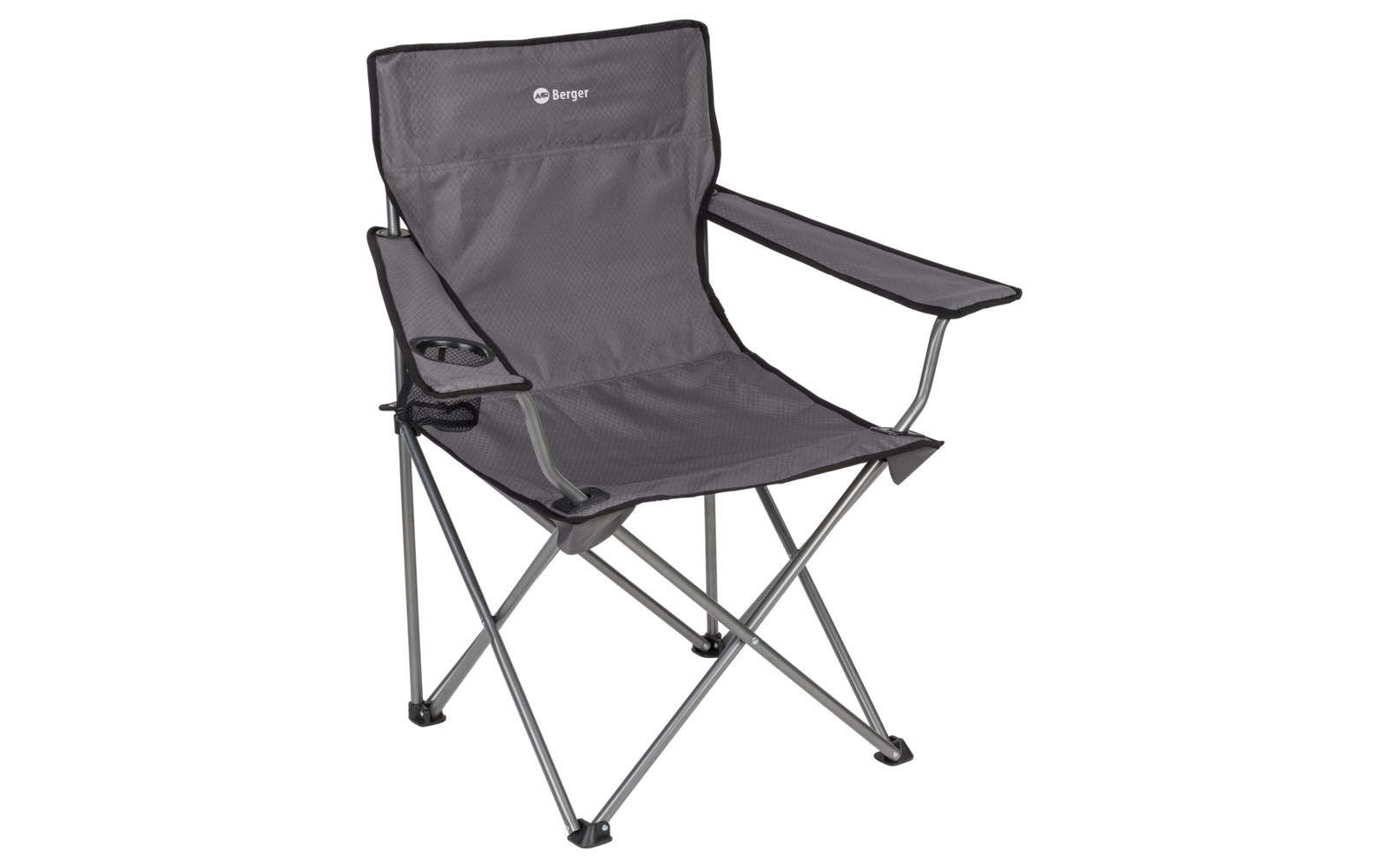 Foldable camping chair made of black fabric with armrests and cup holder
