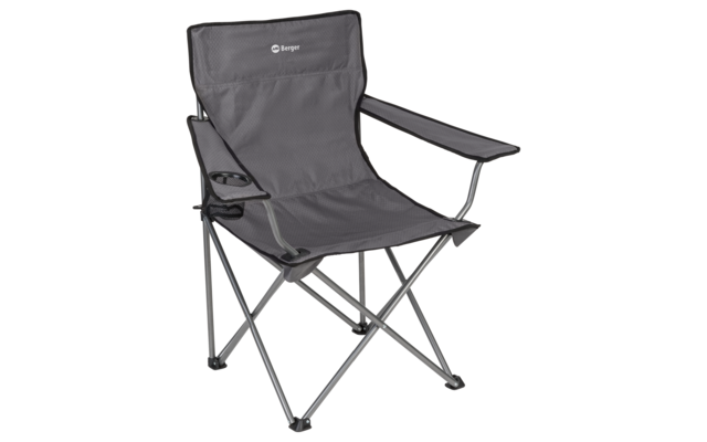 Foldable camping chair made of black fabric with armrests and cup holder