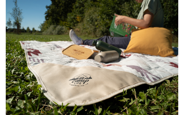 Couverture de pique-nique sur l'herbe avec le logo 'Happy Camp' visible, thermos, plateau en bois, une personne tient un livre vert, un coussin jaune et des baskets blanches visibles