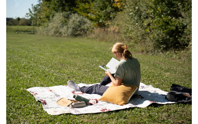 Personne assise sur une couverture dans un champ d'herbe, vue de dos, lisant un livre ; coussin jaune, bouteille et sac à côté de la personne ; arbres en arrière-plan