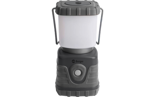 Graue Laterne mit zylindrischem weißem Leuchtkörper, grauem Sockel und Deckel, Tragebügel, runder Knopf und "Berger"-Logo