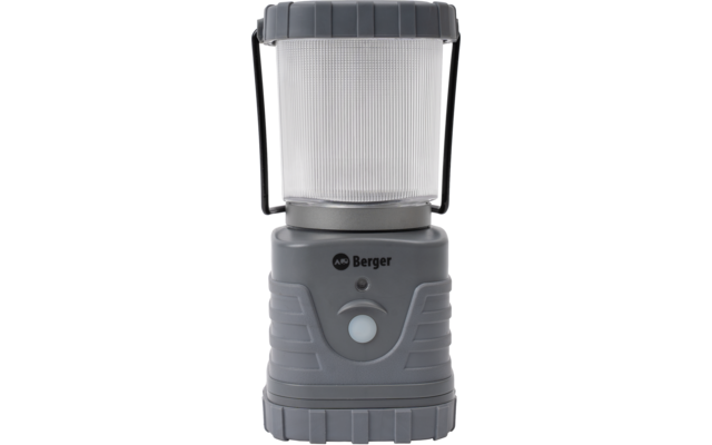 Graue tragbare Laterne mit geriffeltem, transparentem zylindrischem Diffusor, Drehknopf, kleinem LED-Indikator, zwei Seitengriffen und Markenaufdruck Berger vorne