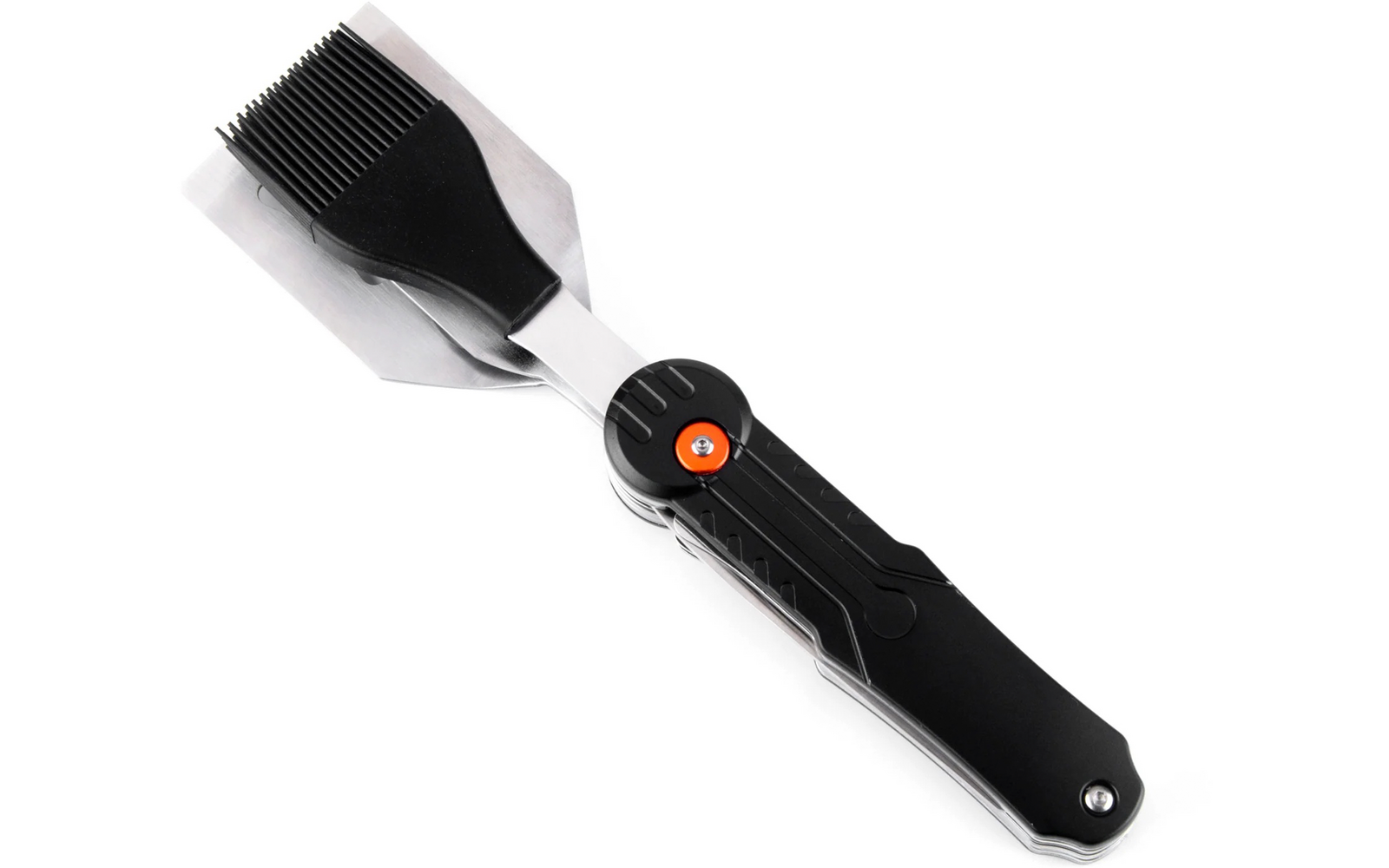 Schwarzer Griff mit silbernem Klappmechanismus und mehreren dünnen Metallplatten am Ende, oranger Drehknopf