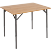 Rectangular table with light wood top and black folding metal legs