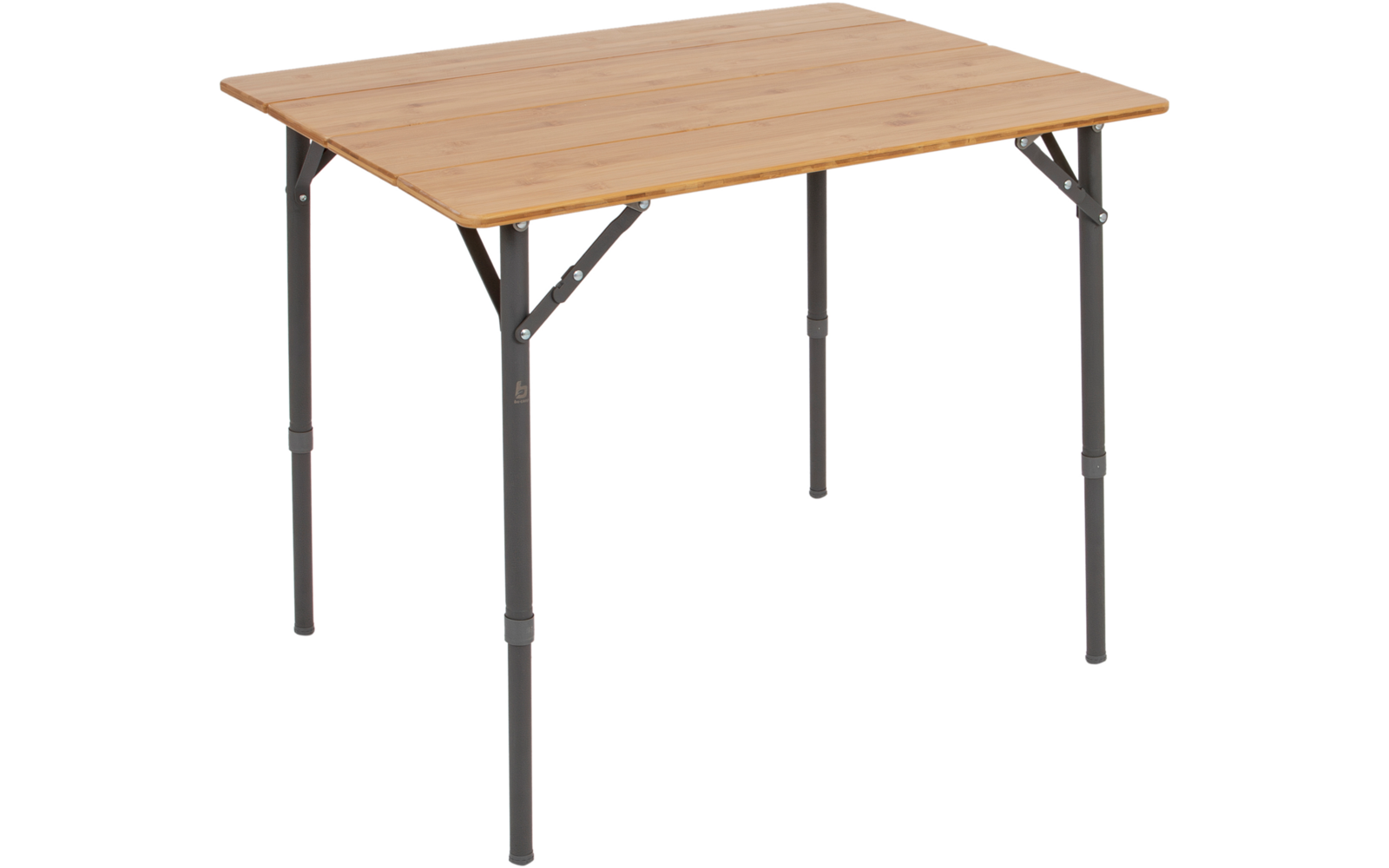 Rectangular table with light wood top and black folding metal legs