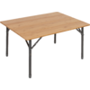 Rectangular table with light brown wooden top and four dark metal legs, visible diagonal support braces