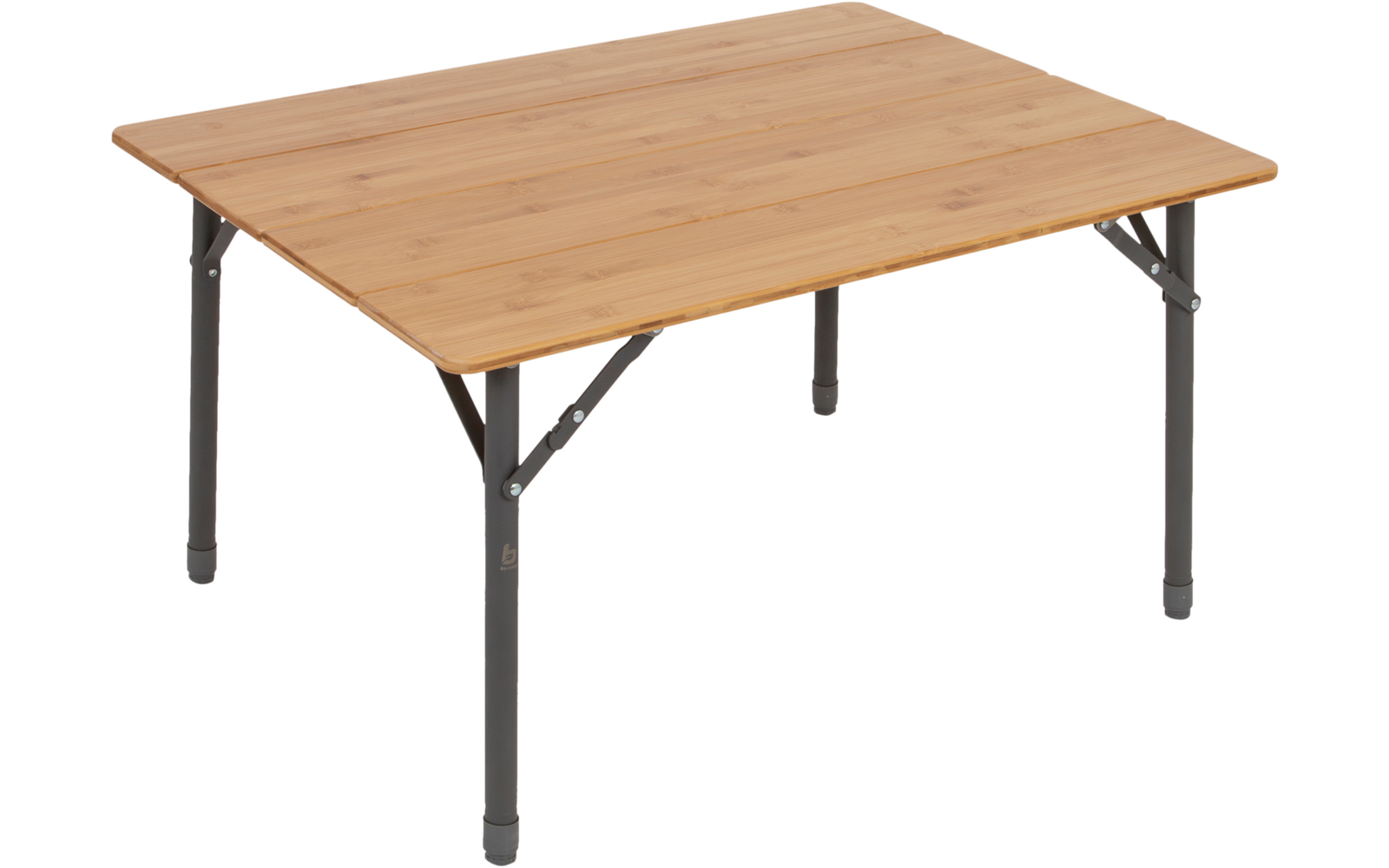 Rectangular table with light brown wooden top and four dark metal legs, visible diagonal support braces