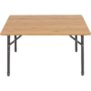 Square table with a light brown wooden top and four dark metal legs with cross braces