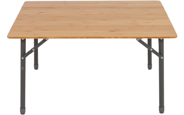 Square table with a light brown wooden top and four dark metal legs with cross braces