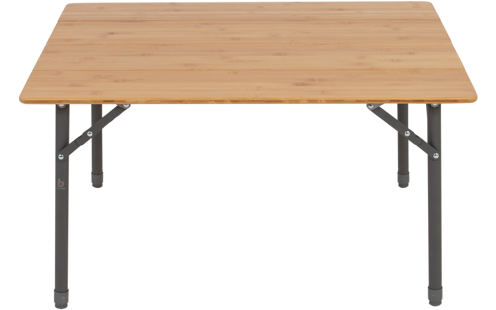 Square table with a light brown wooden top and four dark metal legs with cross braces