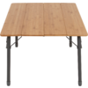 Table with light brown bamboo top of four adjacent panels and four dark gray metal legs