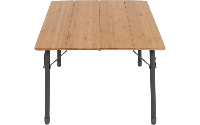 Table with light brown bamboo top of four adjacent panels and four dark gray metal legs