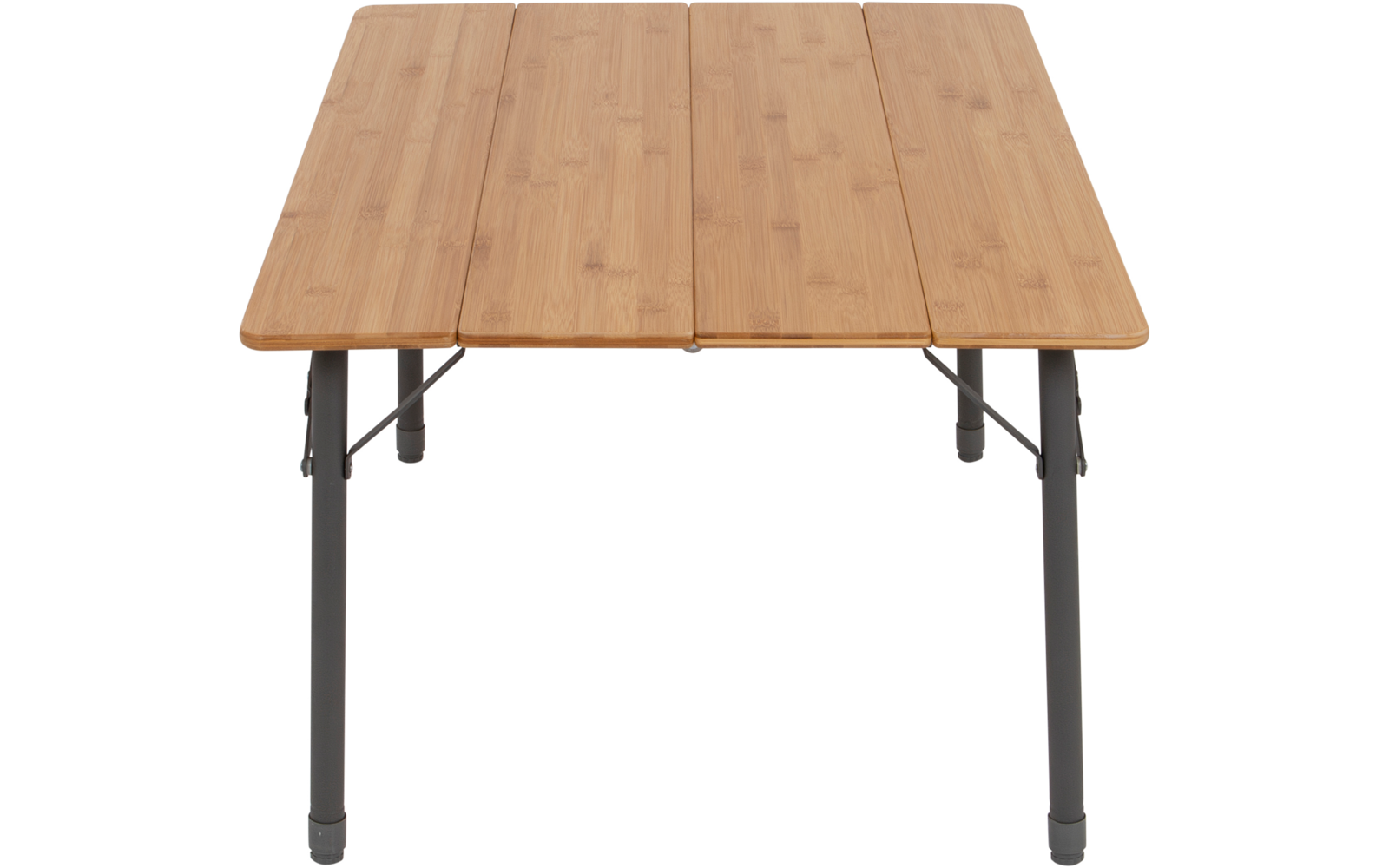 Table with light brown bamboo top of four adjacent panels and four dark gray metal legs