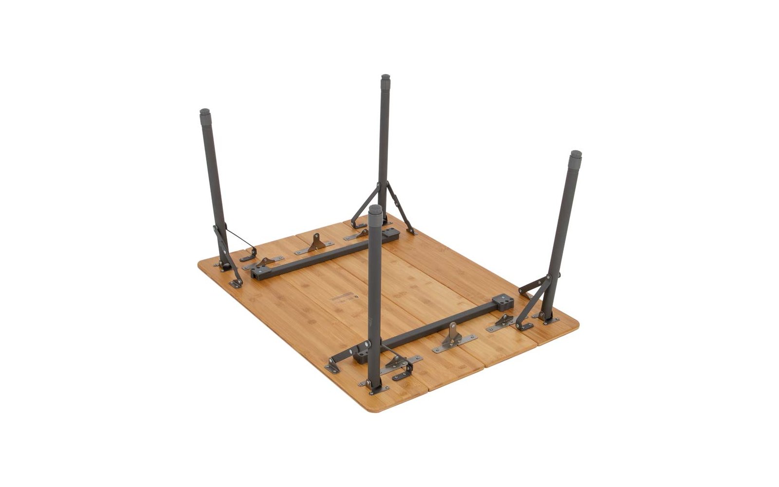 Wood tabletop with four folded metal legs and hardware, underside visible