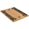 Rectangular wooden tabletop with visible wood grain and folded gray metal legs, hinges and mounting plates on the underside
