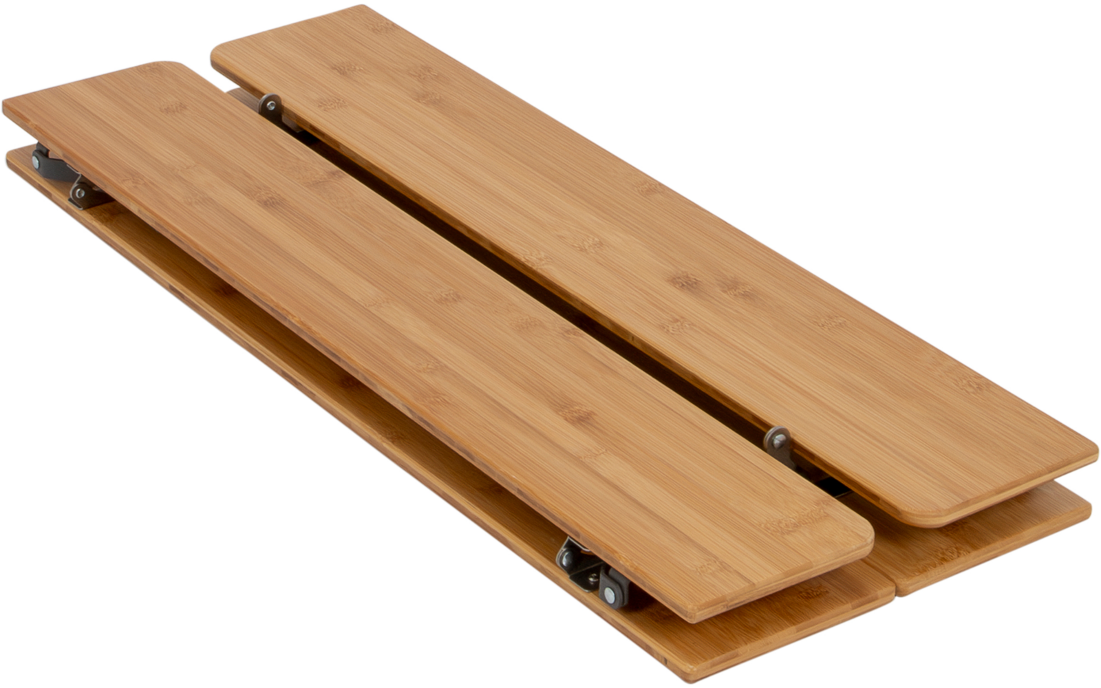 Three light-brown wooden planks with rounded ends lying side by side; silver metal rollers visible at the edges