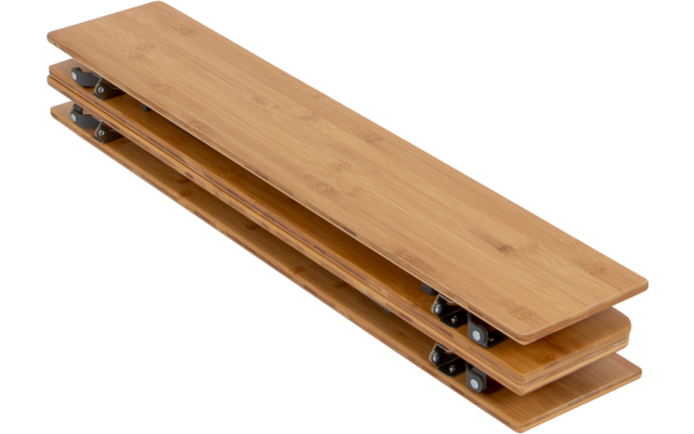 Three long bamboo planks stacked on top of each other, black metal rollers and fittings visible on the short ends