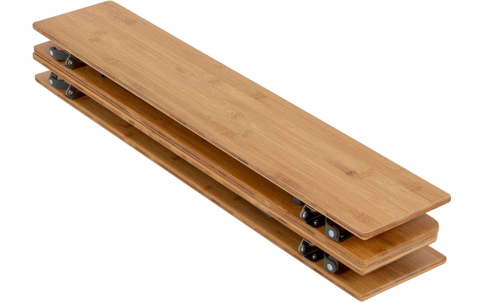 Three long bamboo planks stacked on top of each other, black metal rollers and fittings visible on the short ends