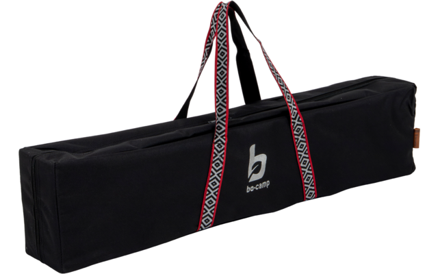 Black long rectangular bag with zipper, patterned carrying handles and white 'bo-camp' logo