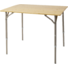 Rectangular table with light wood top, four metal legs with visible connection fittings and two metal support braces underneath, isolated on white background