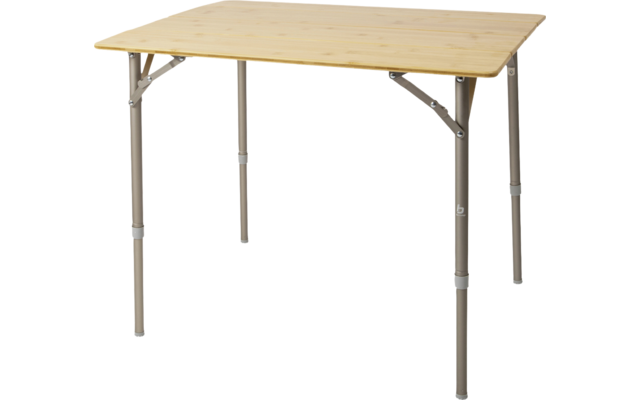 Rectangular table with light wood top, four metal legs with visible connection fittings and two metal support braces underneath, isolated on white background