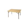 Rectangular table with light wood top, four metal legs, visible metal braces under the top and gray plastic feet on a white background