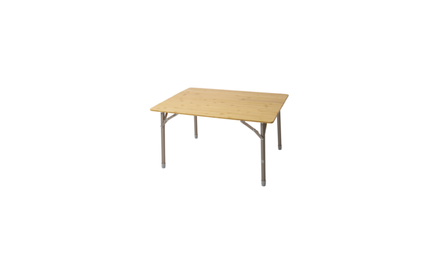 Rectangular table with light wood top, four metal legs, visible metal braces under the top and gray plastic feet on a white background