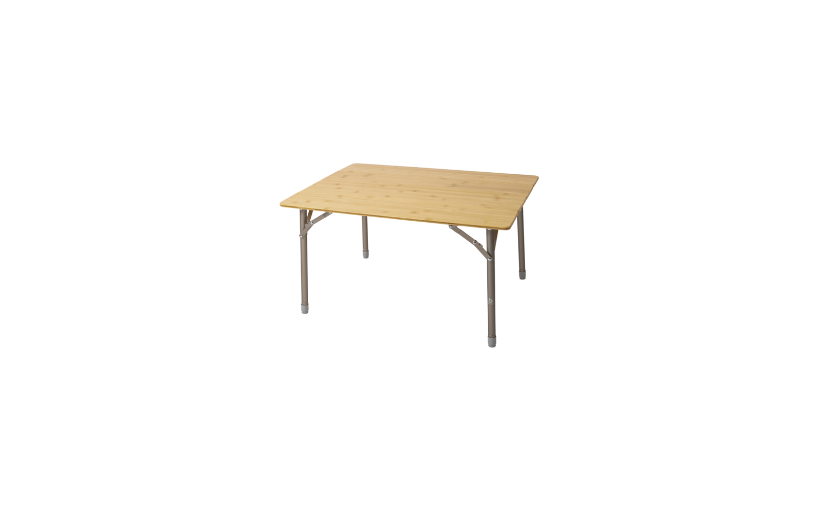 Rectangular table with light wood top, four metal legs, visible metal braces under the top and gray plastic feet on a white background